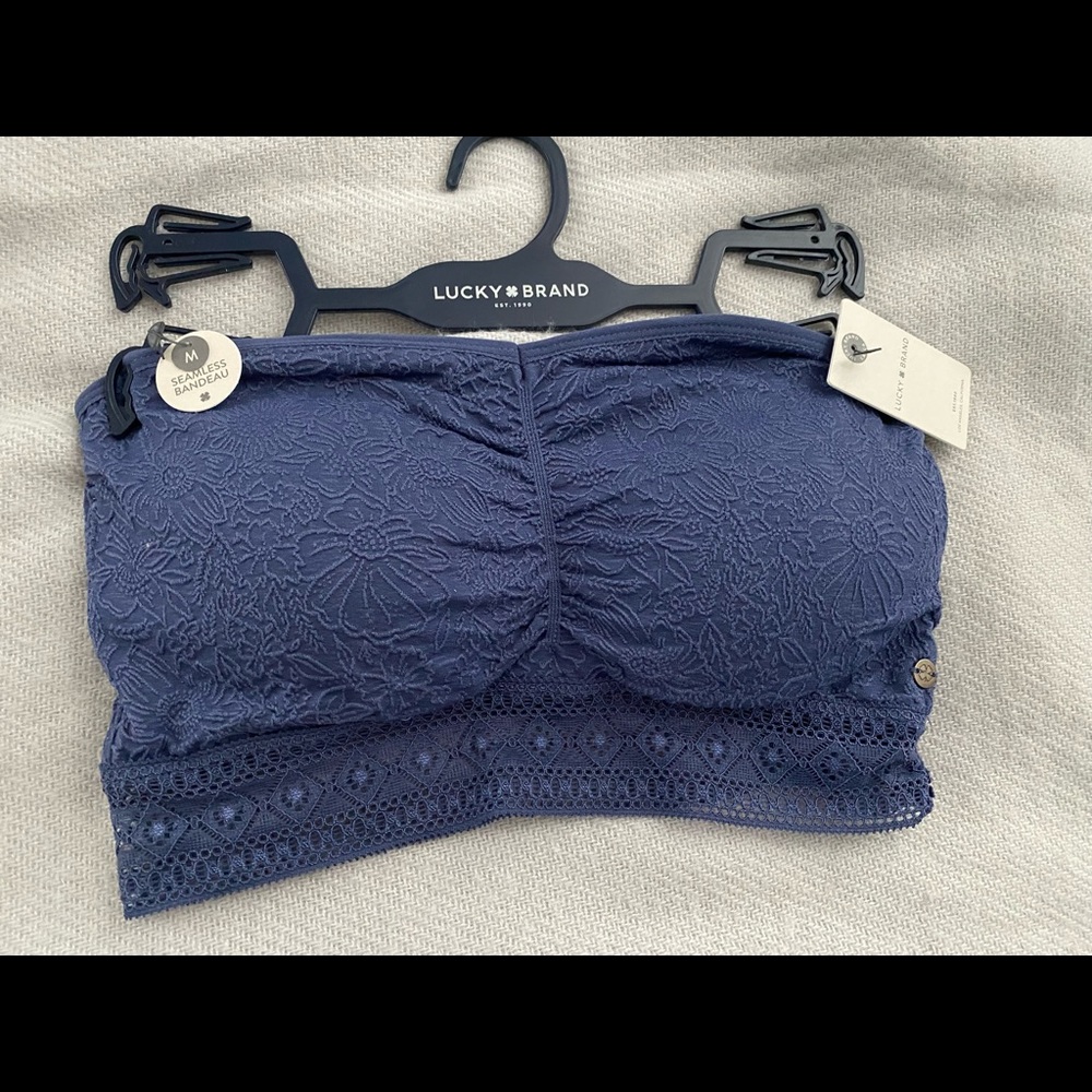 Navy blue bandeau bra with lace details